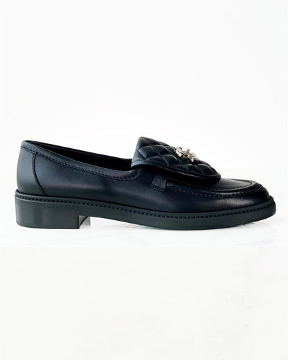 Black Quilted Tab Lambskin Flap Loafers