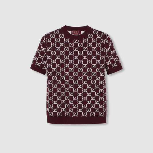 Reversible GG wool jacquard top in bordeaux and white